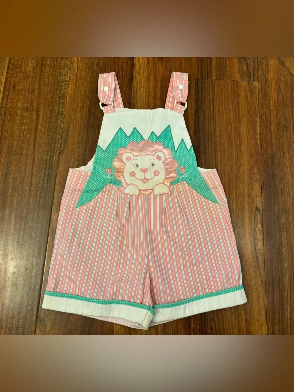 Vintage Lion Pink Stripe Embroidered Overall Shorts
